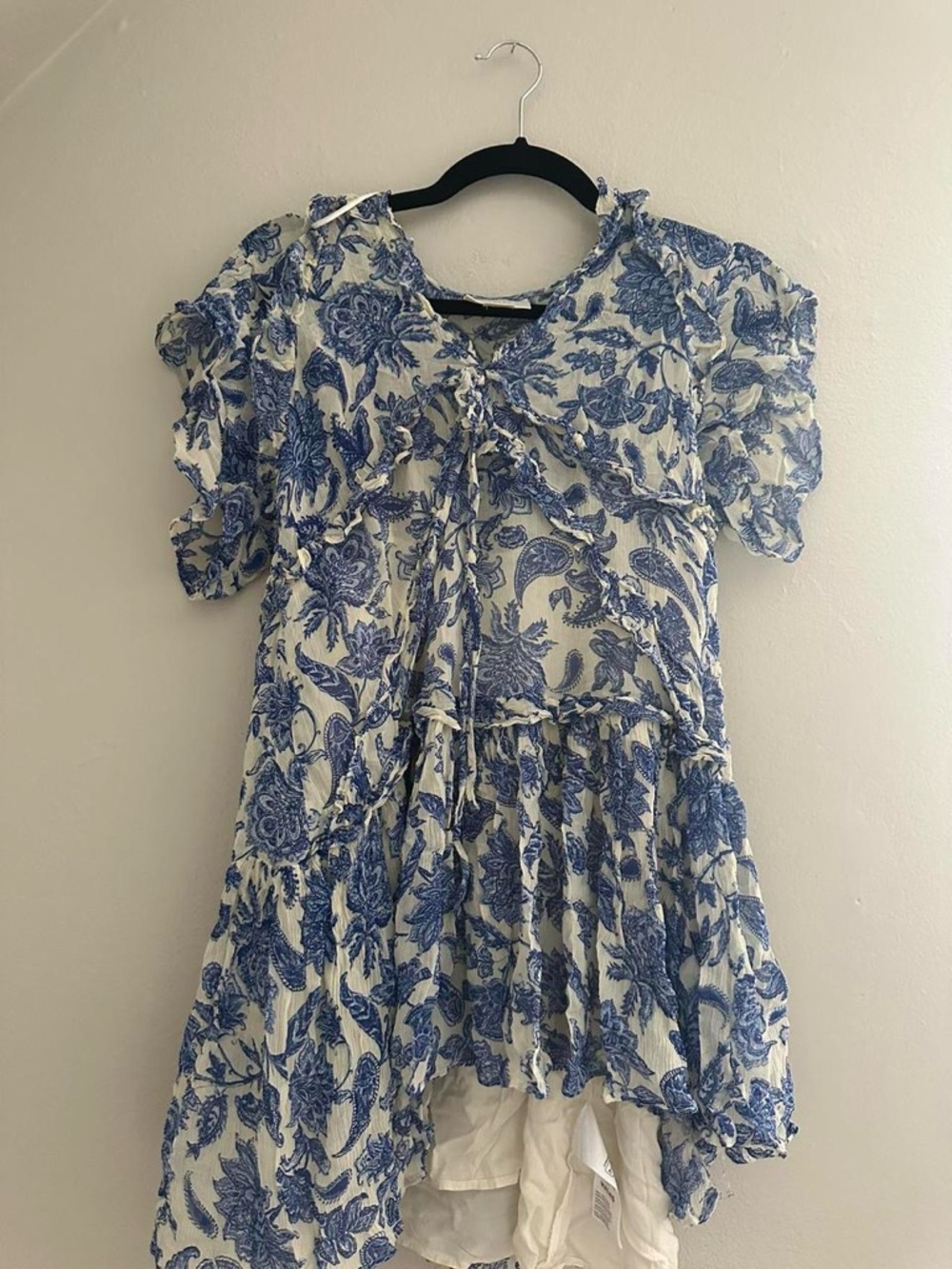 Anthropologie Blue and Cream Floral Ruffle Dress